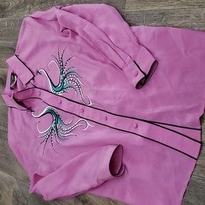 Bob Mackie Silk Button Down Purple Peacock Embroidered Tunic Shirt Sz L